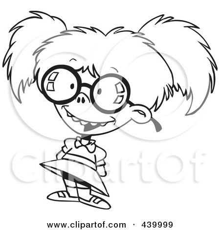Royalty-Free (RF) Clip Art Illustration of a Cartoon Black And White Outline Design Of A Nerdy Girl by toonaday