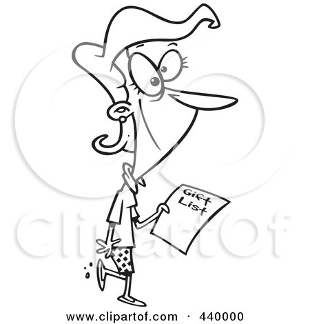 Royalty-Free (RF) Clip Art Illustration of a Cartoon Black And White Outline Design Of A Woman Carrying A Gift List by toonaday