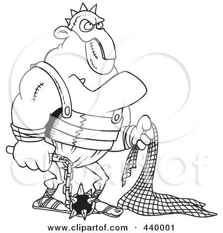 Royalty-Free (RF) Clip Art Illustration of a Cartoon Black And White Outline Design Of A Gladiator Holding A Net And Flail by toonaday
