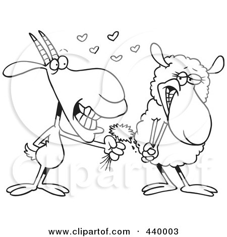 Royalty-Free (RF) Clip Art Illustration of a Cartoon Black And White Outline Design Of A Goat Giving A Sheep Grass by toonaday