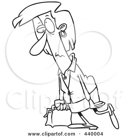 Royalty-Free (RF) Clip Art Illustration of a Cartoon Black And White Outline Design Of A Gloomy Businesswoman Walking by toonaday