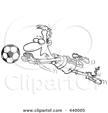 Royalty-Free (RF) Clip Art Illustration of a Cartoon Black And White Outline Design Of A Soccer Goalie Leaping Towards A Ball by toonaday