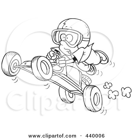 Royalty-Free (RF) Clip Art Illustration of a Cartoon Black And White Outline Design Of A Boy Catching Air On A Go Cart by toonaday