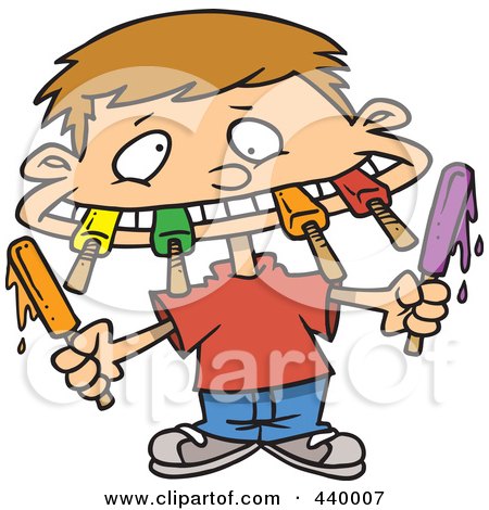 Royalty-Free (RF) Clip Art Illustration of a Cartoon Boy Eating A Variety Of Popsicles by toonaday