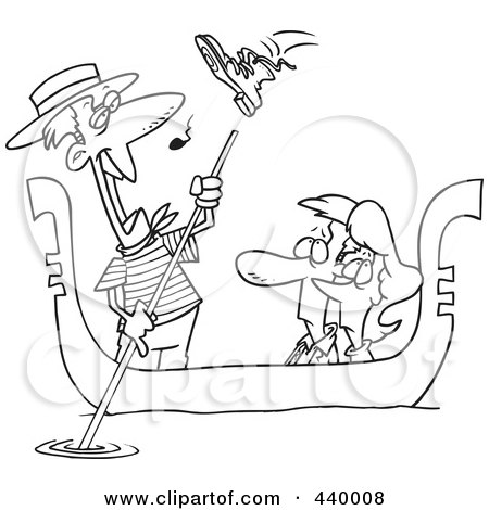 Royalty-Free (RF) Clip Art Illustration of a Cartoon Black And White Outline Design Of A Shoe Flying At A Gondolier Singing To A Couple by toonaday