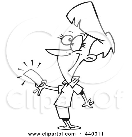 Royalty-Free (RF) Clip Art Illustration of a Cartoon Black And White Outline Design Of A Woman Holding A Golden Ticket by toonaday