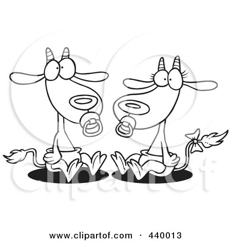 Royalty-Free (RF) Clip Art Illustration of a Cartoon Black And White Outline Design Of A Pair Of Baby Goats by toonaday