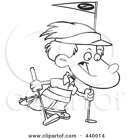 Royalty-Free (RF) Clip Art Illustration of a Cartoon Black And White Outline Design Of A Golfing Boy by toonaday