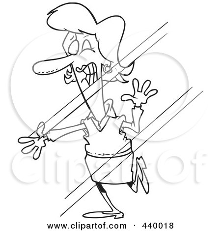 Royalty-Free (RF) Clip Art Illustration of a Cartoon Black And White Outline Design Of A Woman Walking Into Glass by toonaday