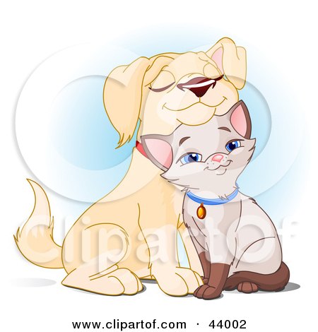 Clipart Illustration of an Adorable Yellow Lab Puppy Cuddling With A Siamese Kitten by Pushkin