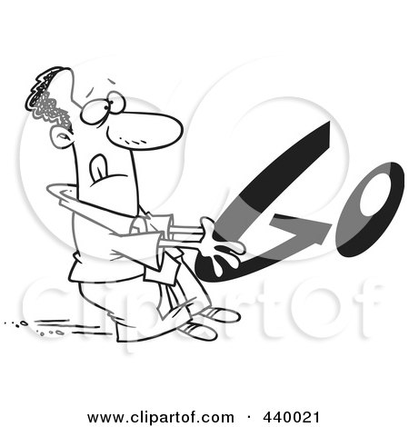 Royalty-Free (RF) Clip Art Illustration of a Cartoon Black And White Outline Design Of A Black Businessman Holding On To GO by toonaday