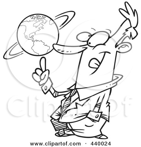 Royalty-Free (RF) Clip Art Illustration of a Cartoon Black And White Outline Design Of A Businessman Spinning A Globe by toonaday