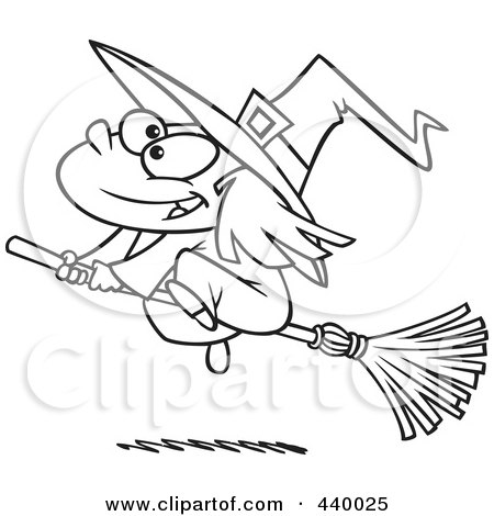 Royalty-Free (RF) Clip Art Illustration of a Cartoon Black And White Outline Design Of A Flying Girl Witch by toonaday