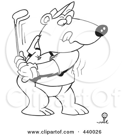Royalty-Free (RF) Clip Art Illustration of a Cartoon Black And White Outline Design Of A Golfing Bear by toonaday