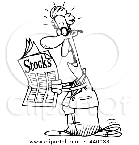Royalty-Free (RF) Clip Art Illustration of a Cartoon Black And White Outline Design Of A Happy Man Reading The Stocks Pages by toonaday
