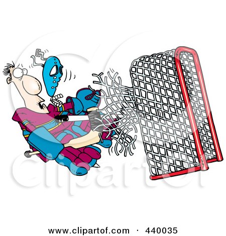 Royalty-Free (RF) Clip Art Illustration of a Cartoon Puck Knocking A Goalie Through The Net by toonaday