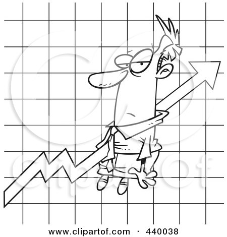 Royalty-Free (RF) Clip Art Illustration of a Cartoon Black And White Outline Design Of A Businessman Stuck On An Upwards Graph by toonaday