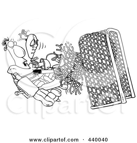 Royalty-Free (RF) Clip Art Illustration of a Cartoon Black And White Outline Design Of A Puck Knocking A Goalie Through The Net by toonaday