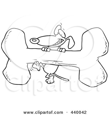 Royalty-Free (RF) Clip Art Illustration of a Cartoon Black And White Outline Design Of A Dog Climbing A Giant Bone by toonaday
