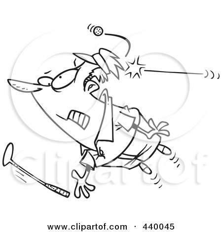 Royalty-Free (RF) Clip Art Illustration of a Cartoon Black And White Outline Design Of A Male Golfer Getting Hit With A Ball by toonaday