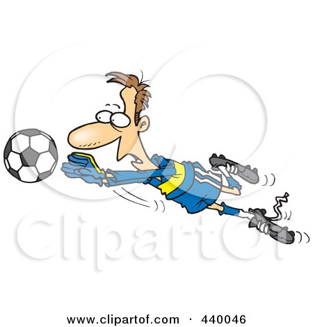 Royalty-Free (RF) Clip Art Illustration of a Cartoon Soccer Goalie Leaping Towards A Ball by toonaday