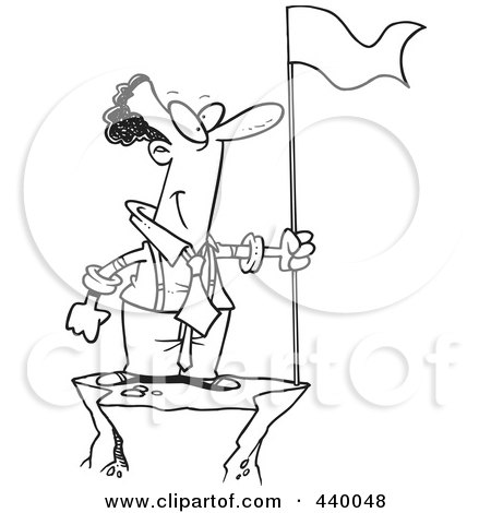 Royalty-Free (RF) Clip Art Illustration of a Cartoon Black And White Outline Design Of A Black Businessman With A Flag On Top Of A Mountain by toonaday