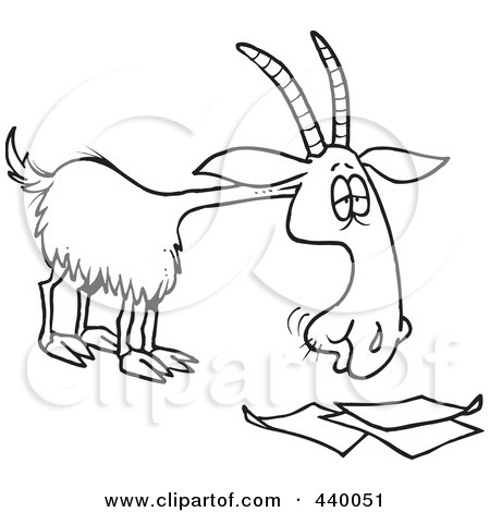 Royalty-Free (RF) Clip Art Illustration of a Cartoon Black And White Outline Design Of A Goat Eating Paperwork by toonaday