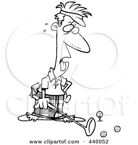 Royalty-Free (RF) Clip Art Illustration of a Cartoon Black And White Outline Design Of An Exhausted Male Golfer by toonaday