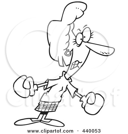 Royalty-Free (RF) Clip Art Illustration of a Cartoon Black And White Outline Design Of A Businesswoman Boxing by toonaday