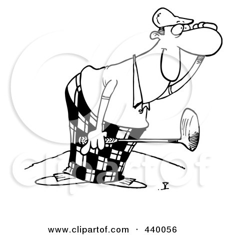 Royalty-Free (RF) Clip Art Illustration of a Cartoon Black And White Outline Design Of A Male Golfer Watching by toonaday