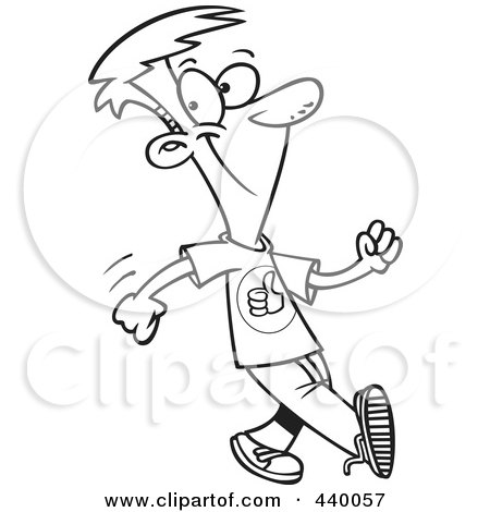 Royalty-Free (RF) Clip Art Illustration of a Cartoon Black And White Outline Design Of A Boy Walking With A Good Attitude by toonaday
