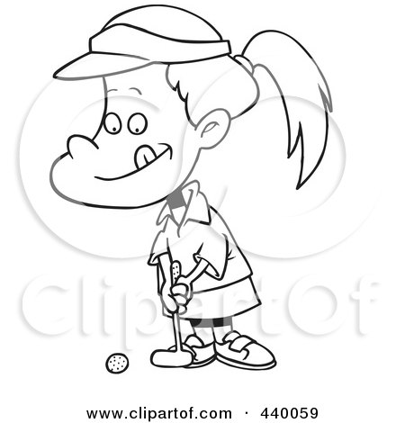 Royalty-Free (RF) Clip Art Illustration of a Cartoon Black And White Outline Design Of A Little Girl Golfing by toonaday
