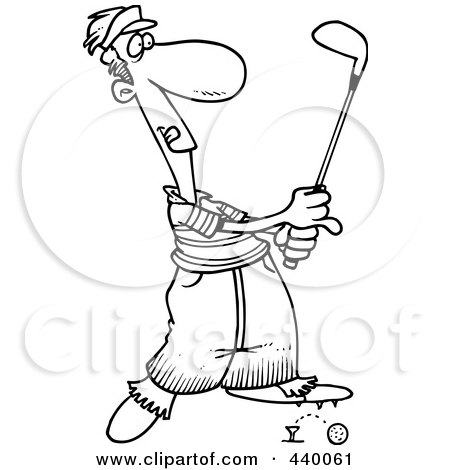 Royalty-Free (RF) Clip Art Illustration of a Cartoon Black And White Outline Design Of A Male Golfer Barely Knocking The Ball Off The Tee by toonaday