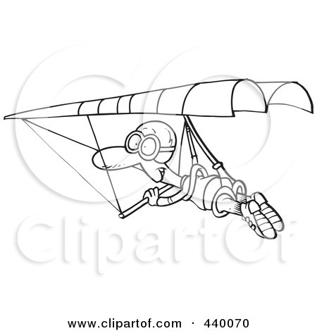 Royalty-Free (RF) Clip Art Illustration of a Cartoon Black And White Outline Design Of A Man Hang Gliding by toonaday