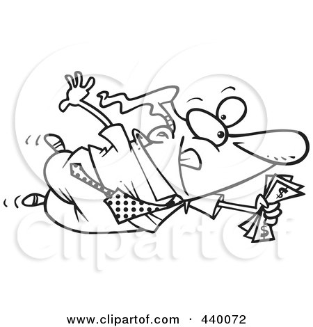 Royalty-Free (RF) Clip Art Illustration of a Cartoon Black And White Outline Design Of A Businessman Flying Towards A Good Deal by toonaday