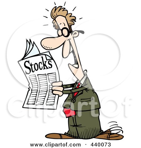 Royalty-Free (RF) Clip Art Illustration of a Cartoon Happy Man Reading The Stocks Pages by toonaday
