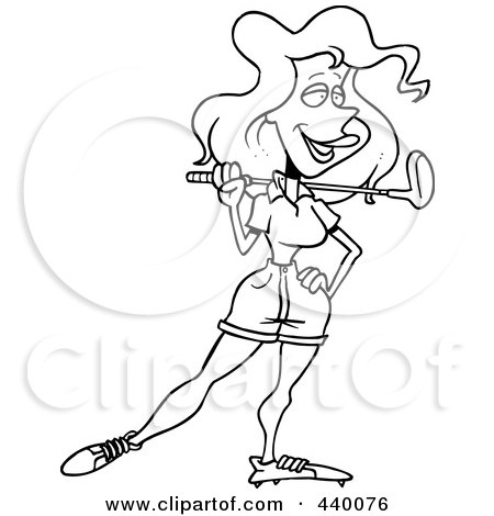 Royalty-Free (RF) Clip Art Illustration of a Cartoon Black And White Outline Design Of A Woman Resting A Golf Club On Her Shoulder by toonaday
