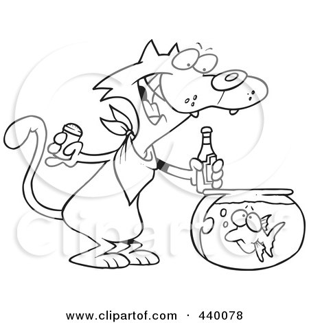 Royalty-Free (RF) Clip Art Illustration of a Cartoon Black And White Outline Design Of A Cat Seasoning A Goldfish With Ketchup by toonaday