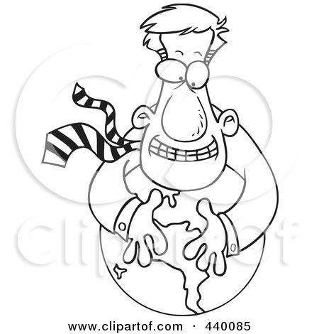 Royalty-Free (RF) Clip Art Illustration of a Cartoon Black And White Outline Design Of A Businessman Hugging A Globe by toonaday