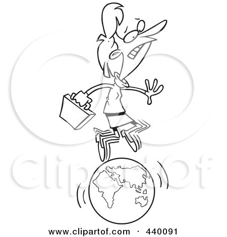 Royalty-Free (RF) Clip Art Illustration of a Cartoon Black And White Outline Design Of A Businesswoman Running On A Globe by toonaday