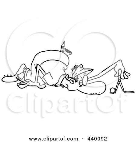 Royalty-Free (RF) Clip Art Illustration of a Cartoon Black And White Outline Design Of A Male Golfer Measuring The Distance From The Ball And Hole by toonaday
