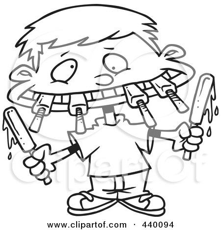 Royalty-Free (RF) Clip Art Illustration of a Cartoon Black And White Outline Design Of A Boy Eating A Variety Of Popsicles by toonaday