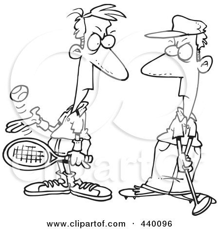 Royalty-Free (RF) Clip Art Illustration of a Cartoon Black And White Outline Design Of A Tennis Player Glaring At A Golfer by toonaday