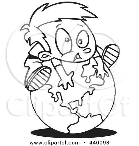 Royalty-Free (RF) Clip Art Illustration of a Cartoon Black And White Outline Design Of A Boy On Top Of A Globe by toonaday