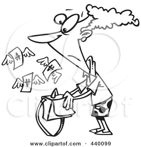 Royalty-Free (RF) Clip Art Illustration of a Cartoon Black And White Outline Design Of A Money Flying Out Of A Woman's Purse by toonaday