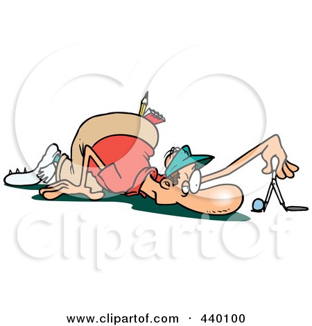 Royalty-Free (RF) Clip Art Illustration of a Cartoon Male Golfer Measuring The Distance From The Ball And Hole by toonaday