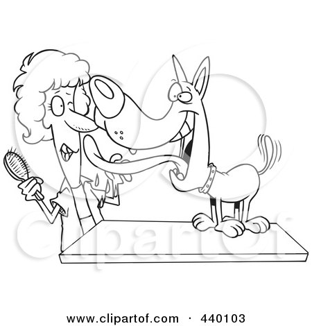 Royalty-Free (RF) Clip Art Illustration of a Cartoon Black And White Outline Design Of A Dog Licking His Groomer by toonaday