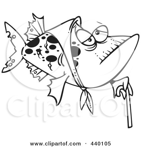 Royalty-Free (RF) Clip Art Illustration of a Cartoon Black And White Outline Design Of A Granny Fish With A Cane by toonaday