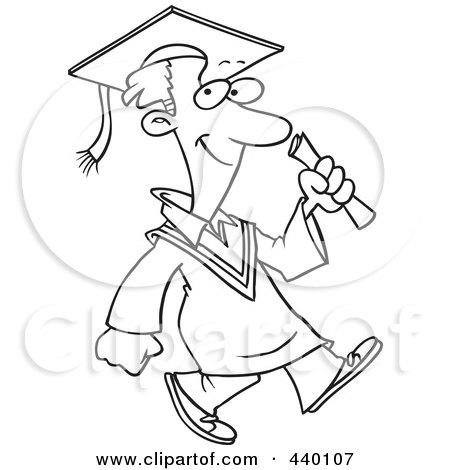 Royalty-Free (RF) Clip Art Illustration of a Cartoon Black And White Outline Design Of A Graduate Man Walking by toonaday