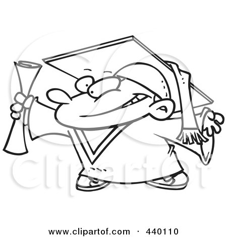 Royalty-Free (RF) Clip Art Illustration of a Cartoon Black And White Outline Design Of A Graduate Boy Holding His Certificate by toonaday